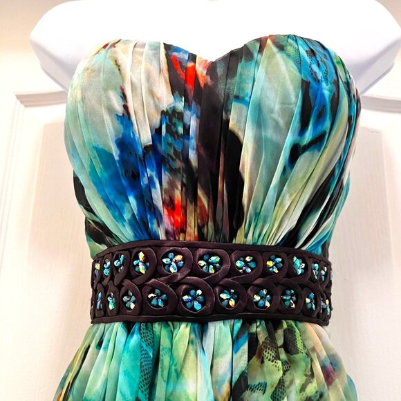 La Famme Long Maxi Multi Color Tropical Sz 0-Strapless Beaded Floral Waist Dress - Picture 2 of 15